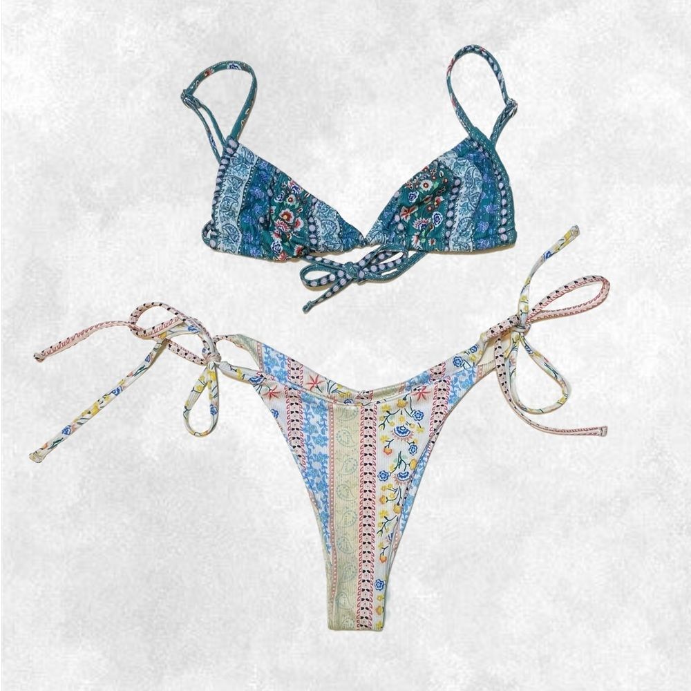 Teal Blue White Yellow Bohemian Boho Detail Patterned Tie Bikini Set